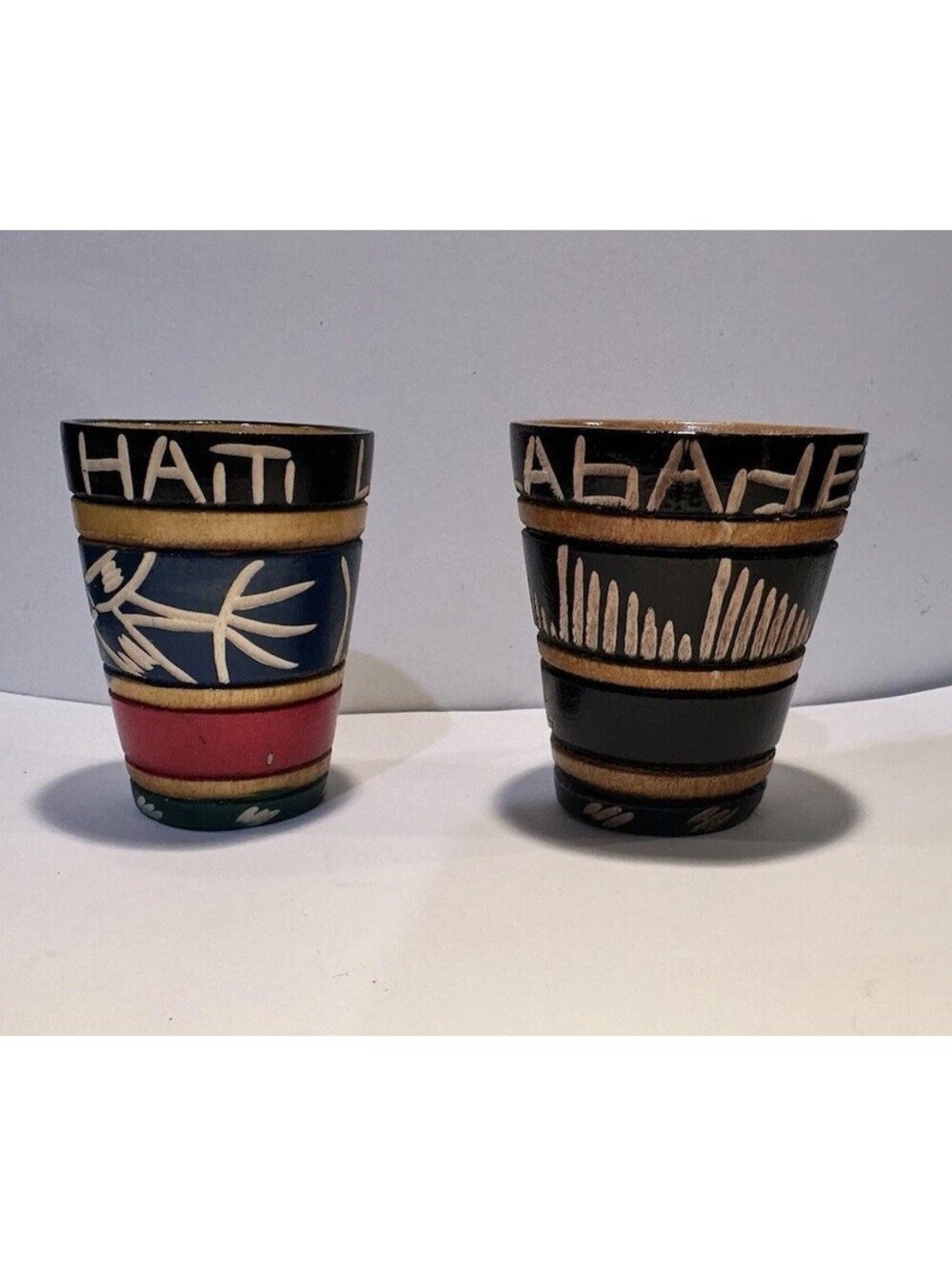 Hand Carved Wooden Shot Glasses Haiti Souvenir Set 2 Folk Art Nicole Cris VTG